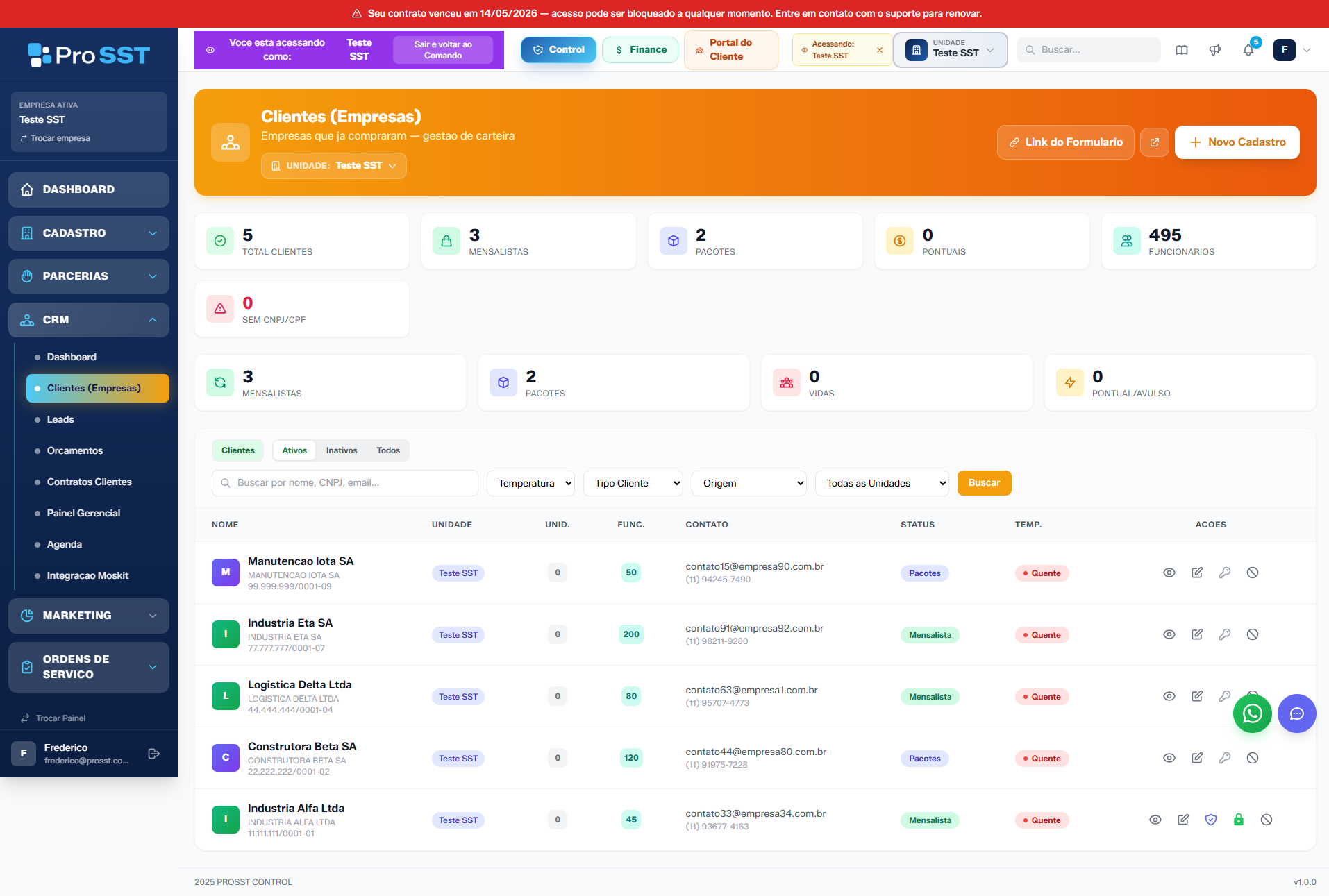 Tela do CRM do Pro SST com clientes qualificados