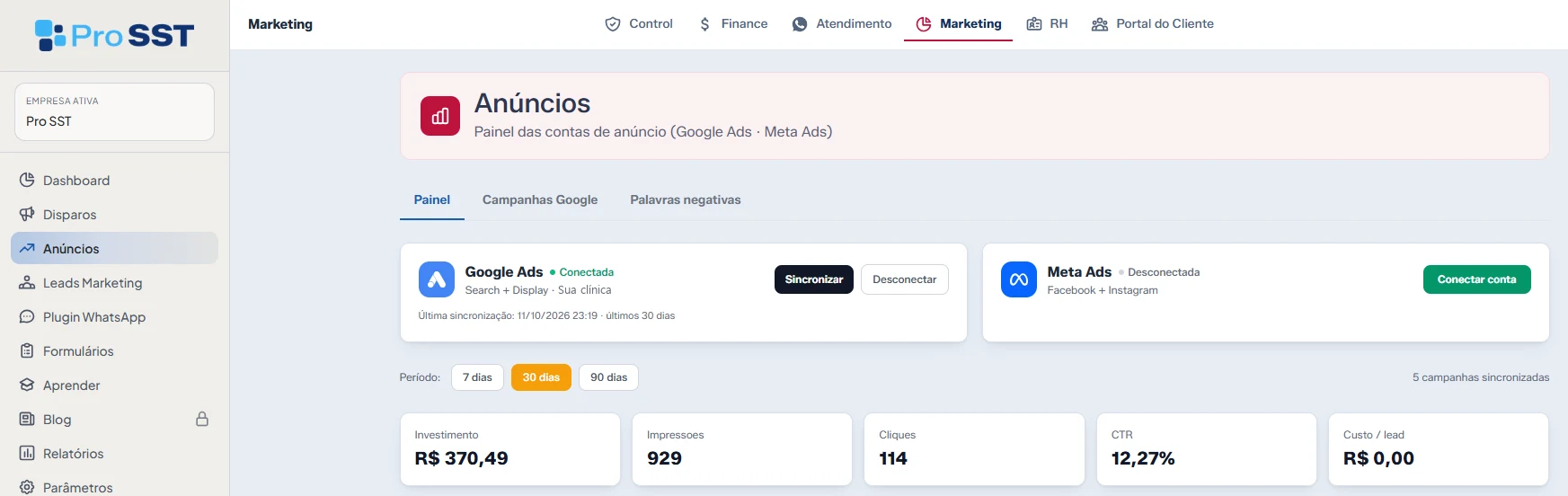 Painel de Anúncios do Pro SST com Google Ads conectado, Meta Ads, investimento, impressões, cliques, CTR e custo por lead