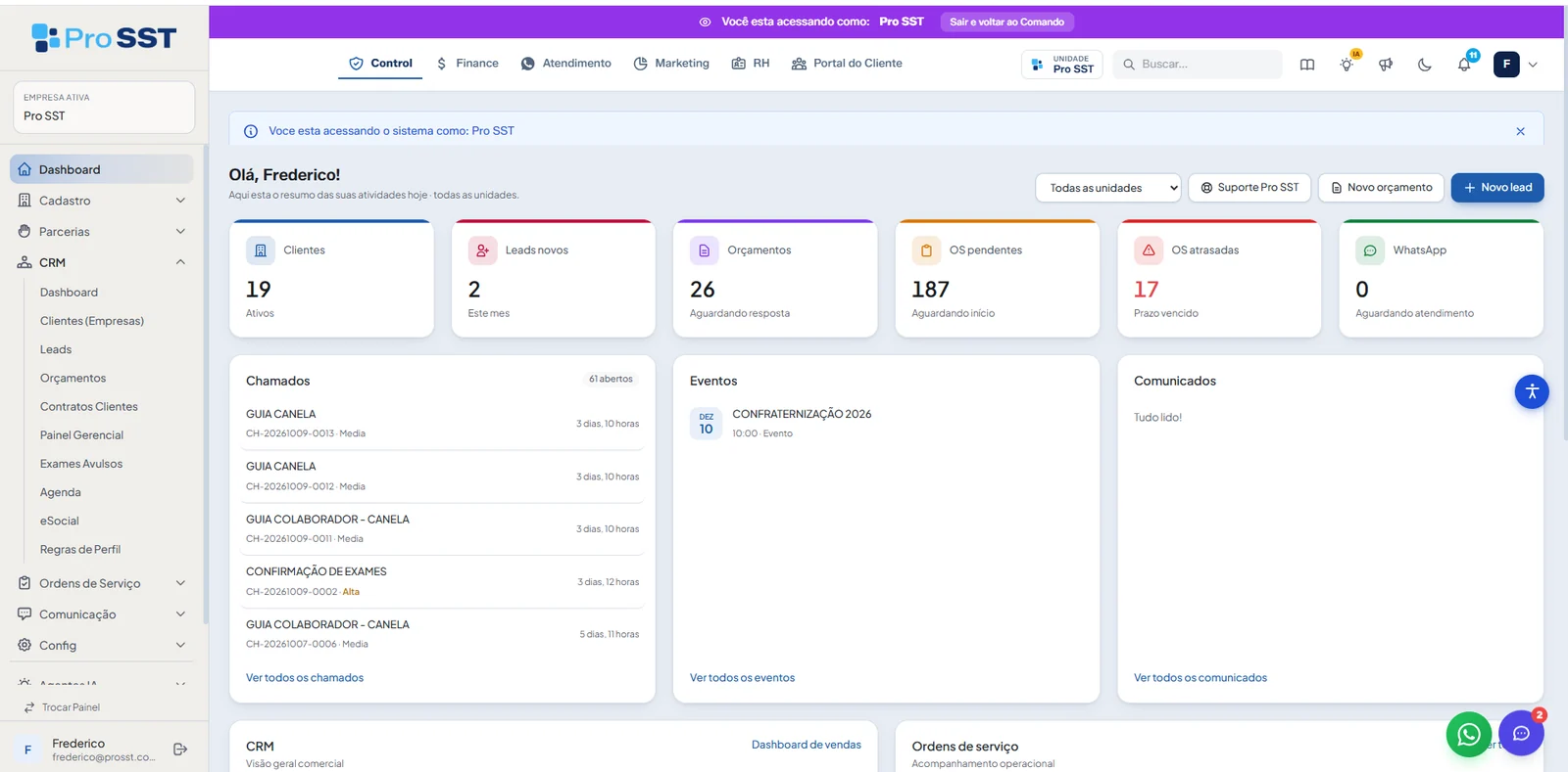 Tela inicial do Pro SST com o menu do CRM, clientes, leads novos, orçamentos, ordens de serviço pendentes e atrasadas, WhatsApp, chamados e eventos